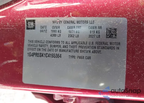 2012 Buick Verano Convenience Group из США, поврежденный, VIN 1G4PR5SK1C4193364